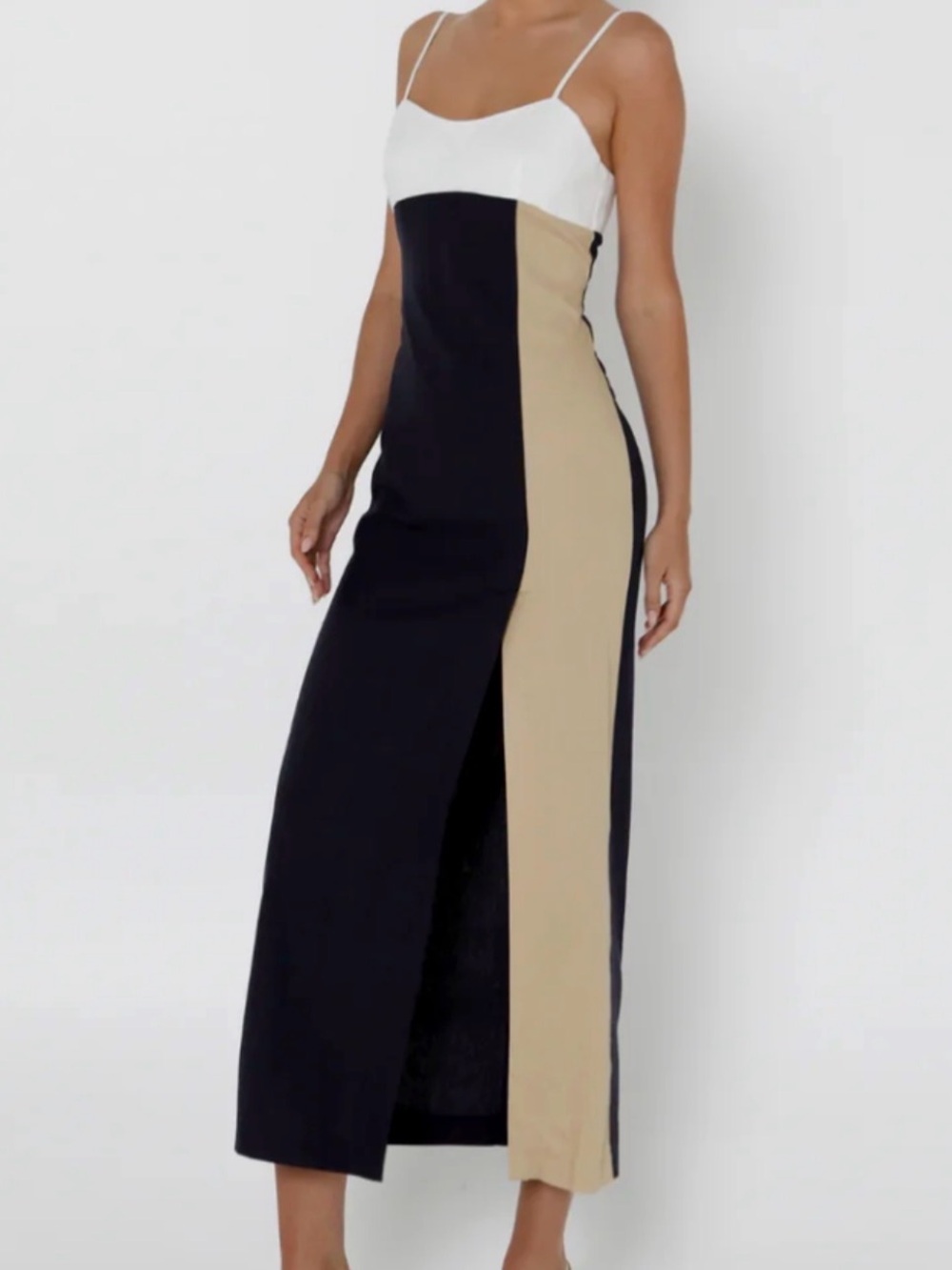 NWT Zara Navy, Tan, White Colorblock Spaghetti-Strap X-back Midi / Maxi Dress, S
